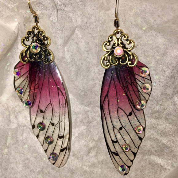 Butterfly Wing Fairy Earrings Gold Jeweled - Picture 4 of 8